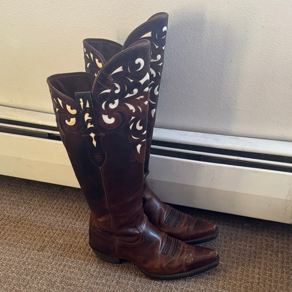 Ariat Shoes - Women's Ariat Hacienda Brown Knee High Leather Inlay Snip Toe Boots Sz 7.5
